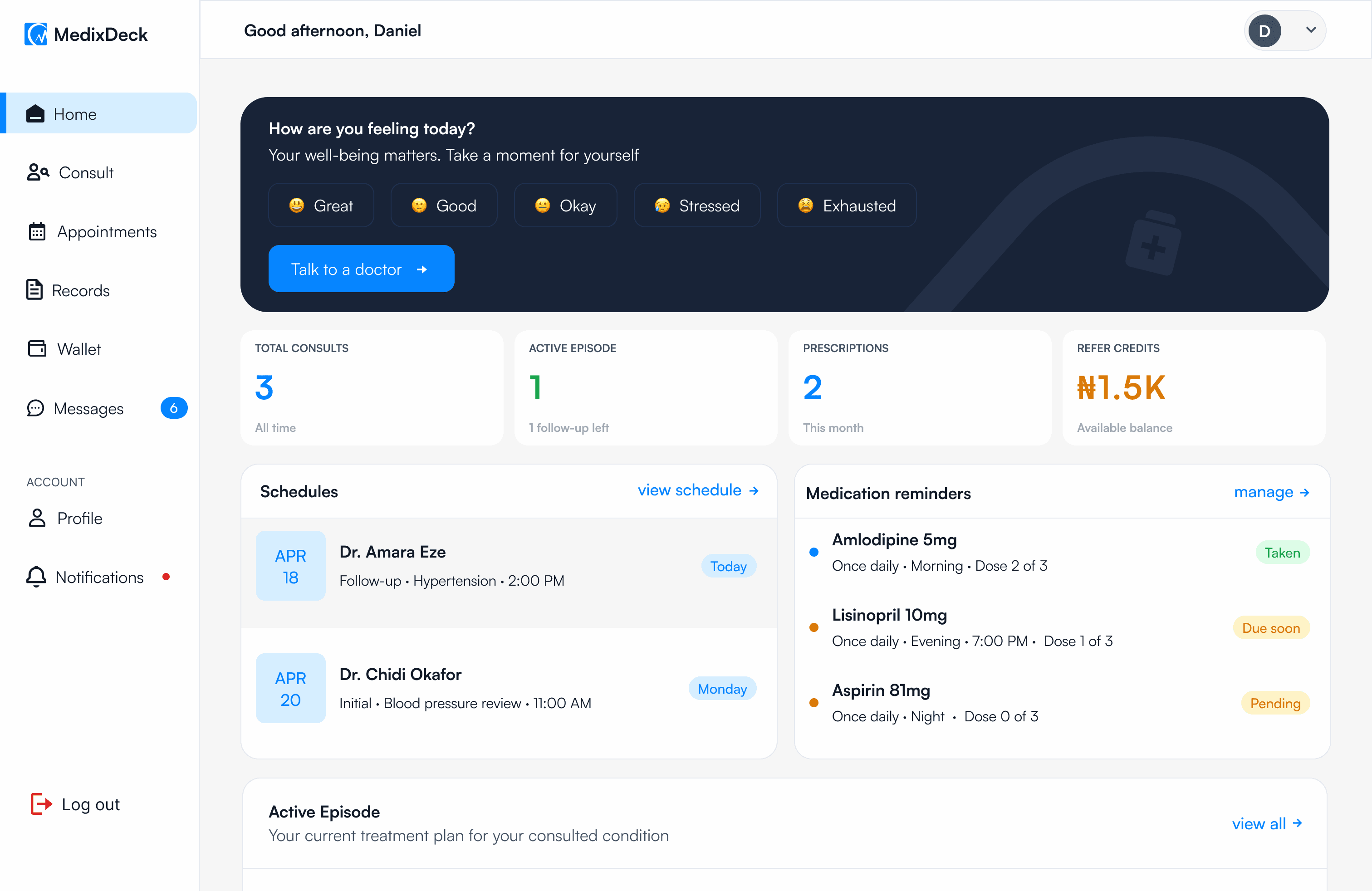 Patient dashboard overview, screen 1