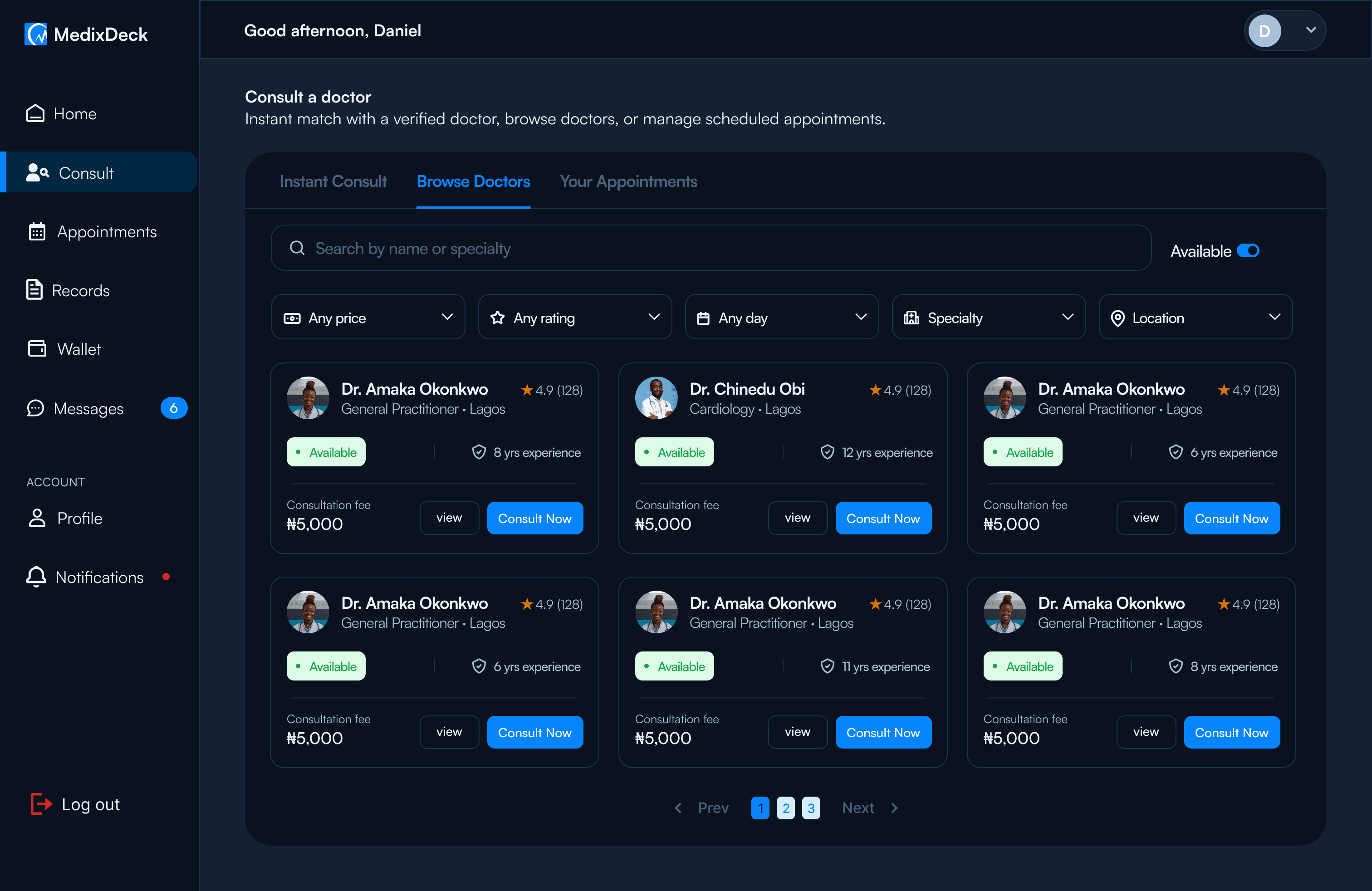 Browse doctors - dark mode, screen 3